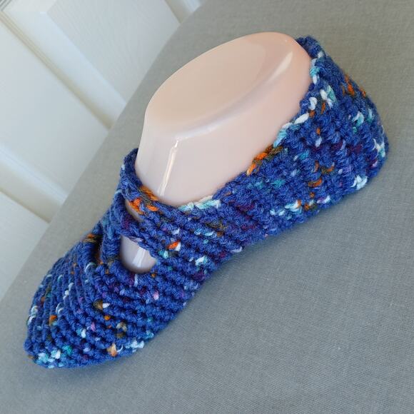 Navy Speckle Ballet Style Crochet Slippers sz 7 square toe premade Posh Hooking - Picture 4 of 9